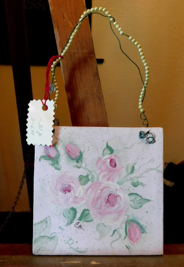 Pink Floral Rose shabby chic Inspired painting with Beaded Hanger